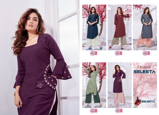 Selesta Innaya 2 Latest Designer Ethnic Wear Chenon silk self Buti with cotton lining Kurtis With Bottom Collection
